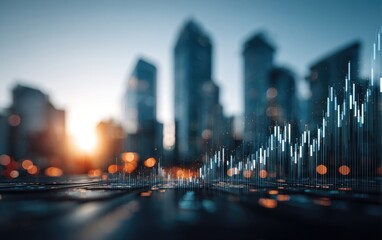 Abstract financial data overlaid on a cityscape at sunrise