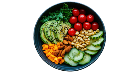 A vibrant bowl filled with sliced avocado, cherry tomatoes, chickpeas, cucumber, almonds, and diced cheddar cheese.
