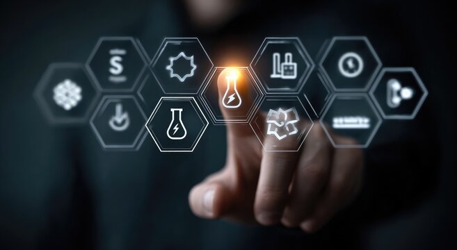 Hand interacting with a glowing interface of industrial icons