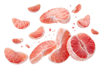 Juicy pink grapefruit slices and wedges scattered with pulp and juice, isolated on black background for healthy food and citrus designs.