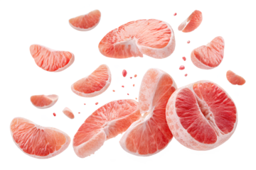 Juicy pink grapefruit slices and wedges scattered with pulp and juice, isolated on black background for healthy food and citrus designs.