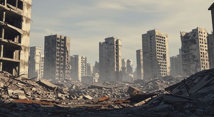 Ruined Cityscape with Collapsed Buildings and Debris Under Gray Sky