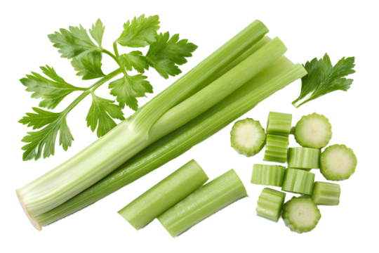 Fresh celery stalks and slices isolated on black
