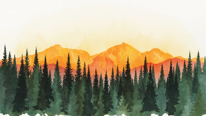 Watercolor Landscape of Pine Forest and Orange Mountains at Sunrise nature pine trees