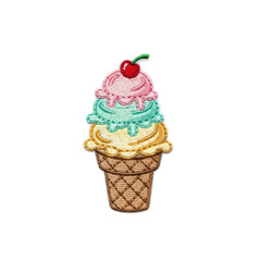 A vibrant embroidered patch featuring a three scoop ice cream cone topped with a red cherry. Perfect for crafts, apparel, or summer designs.