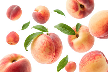 Fresh ripe peaches with green leaves isolated
