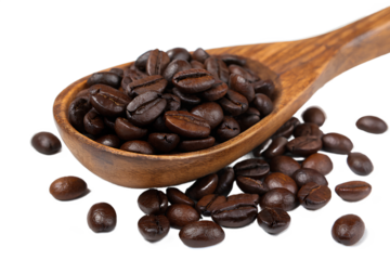 Roasted coffee beans in wooden spoon isolated
