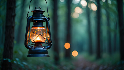 A warm-toned kerosene lantern casts a gentle glow in a deep forest.