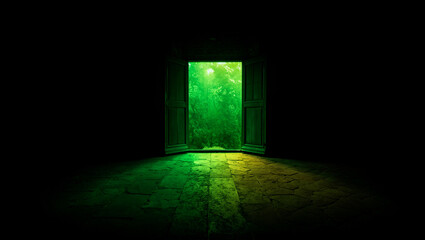 A dramatic, dark room with an open doorway reveals a vibrant, glowing green forest beyond.
