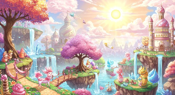Colorful Fantasy Landscape with Pink Trees Waterfalls and Castles in Bright Sunlit Sky