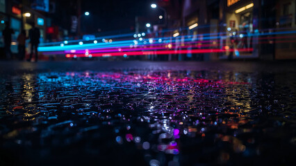 Obraz premium Vibrant Night Street Scene with Colorful Reflections