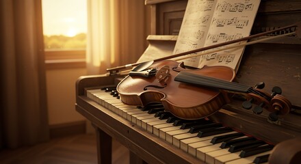 Elegant Wooden Piano with Violin and Sheet Music in Warm Sunlight