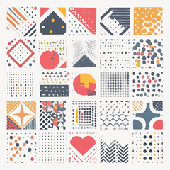 Set of twenty-five colorful abstract and geometric seamless patterns with a retro, vintage design aesthetic.