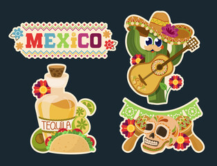 Famous Mexico icons sticker set – traditional cultural symbols