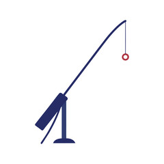 A stylized illustration of a dark blue fishing rod with a red bobber, mounted on a matching blue stand against a white background.