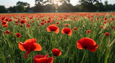 Fototapeta premium Vast Field of Bright Red Poppies Under Sunlit Sky in Natural Landscape