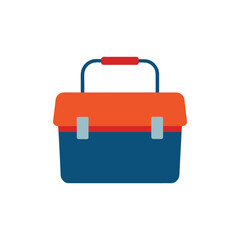 A simple, flat illustration of a classic toolbox with a red top, blue body, and a red handle.