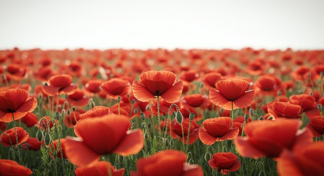 Vast Field of Bright Red Poppies in Bloom Under Soft Overcast Sky