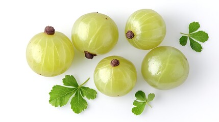 Fresh Gooseberries with Leaves Isolated on White Background, Ripe and Ready to Eat