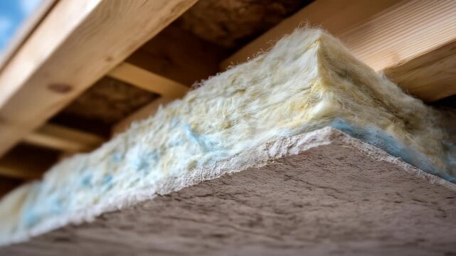 Building insulation material being installed on a wooden framework during a construction project in daylight