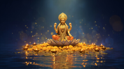 Kojagari Lakshmi Puja full moon night, Goddess Lakshmi on lotus with gold coins, diya lights glowing