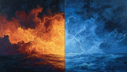 Dynamic Diptych Painting: Fiery Orange Thunderstorm and Icy Blue Ocean Storm with Lightning Over Turbulent Seas