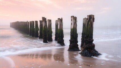 Coastal wooden groynes at sunrise