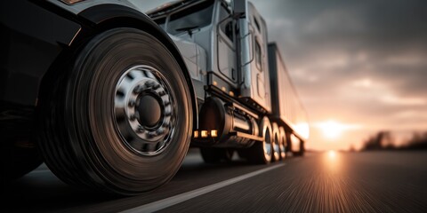 Dynamic Low Angle of Semi-Truck Wheel on Highway at Golden Hour Sunset with Motion Blur
