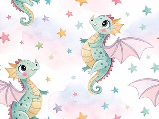 Obraz premium Enchanting Watercolor Dragons and Celestial Wonders Create a Dreamy Seamless Pattern