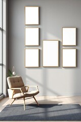 Modern living room with armchair and blank picture frames on wall