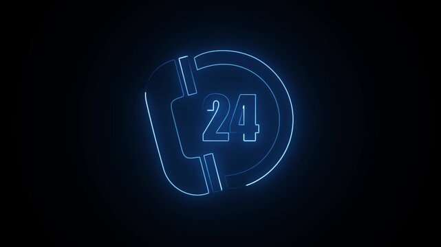 Glowing neon telephone and 24 hours service emergency icon animation on a black background. - Powered by Adobe