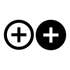 Fototapeta premium Two black and white plus symbols in circles, representing addition or selection.