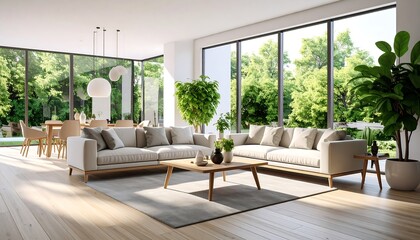 Fototapeta premium Bright, modern living room with outdoor view