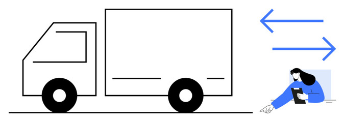 Cargo truck conveying transport, blue arrows symbolizing movement, woman interacting with a mobile phone. Ideal for logistics, delivery, supply chain, transportation, e-commerce, mobile apps simple