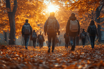 Students walking in fall leaves.