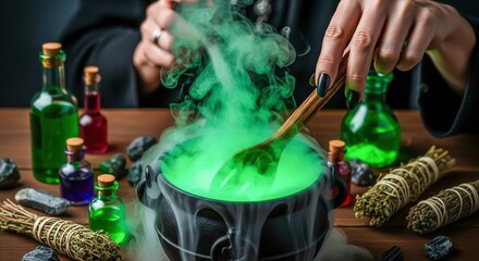 Witch's hands stirring a bubbling cauldron with green potion surrounded by potion bottles herbs and stones magic witchs brew spell witchcraft fantasy dark magic