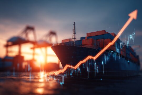 Economic Boom: Glowing Orange Growth Chart Over a Cargo Ship at a Sunset Harbor