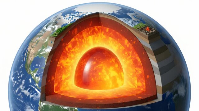 Detailed Earth Internal Structure Showing Molten Core Layers and Geographic Surface Details