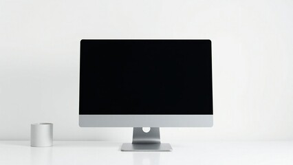 Modern all in one computer display on a white desk with a small object