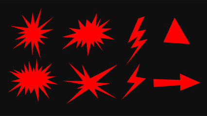 Bold red shapes vector with explosive bursts, lightning bolts, triangle, and arrow vector set graphic design