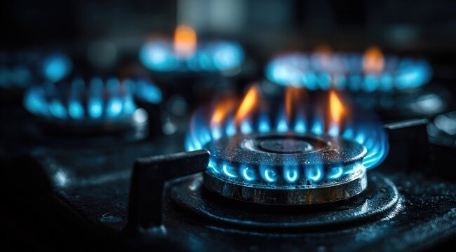 Close-up of gas stove burners with blue and orange flames (6)