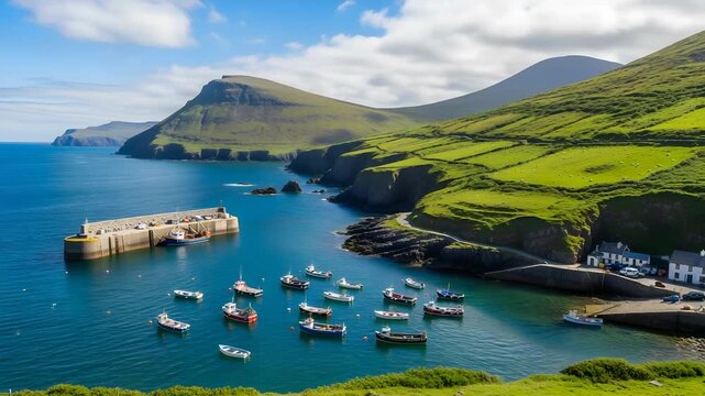 Picturesque Coastal Harbor with Boats and Lush Green Hills Under Clear Blue Skies on Sunny Day