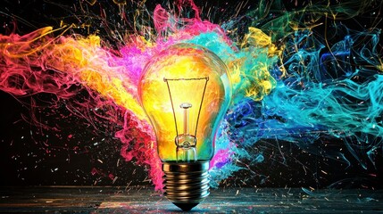 A vibrant light bulb emitting a colorful burst of light against a dark background. The bulb is the central focus, with a dynamic and energetic feel.