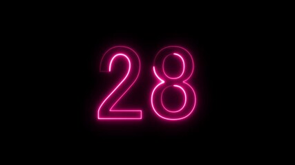 Abstract neon countdown 28 number 4k animation. neon text 28 number countdown icon background.
neon red number 28 with alpha channel countdown, 28 number neon text animation on black background.