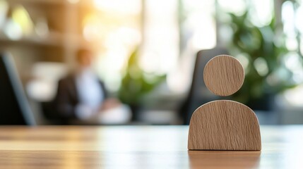 A wooden figure of a person sitting at a table with a blurred background of a plant and a person in a suit.