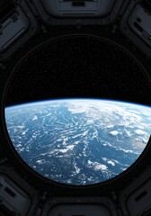 Earth View From Space Through Spacecraft Window with Stars in Background
