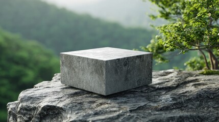 A concrete block rests on a rugged rock formation amidst a lush, mist-covered mountain landscape. The early morning light casts a serene atmosphere over the scene.