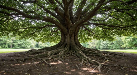 Obraz premium Majestic Large Tree with Extensive Root System in Green Park