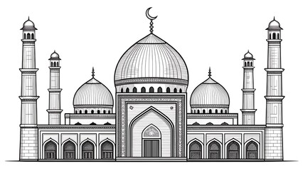 Detailed hand drawn sketch of a grand mosque with multiple domes and minarets
