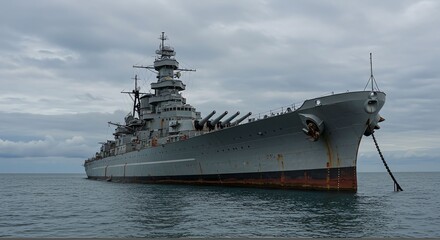 Obraz premium Military Battleship Anchored in Calm Sea Under Cloudy Sky